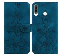 Folio Housse Cuir Coque pour Huawei P30 Lite Cuir à Rabat Etuis Folio Portefeuille Embossing Floral Motif pour Filles Femme Housse Premium en Cuir PU Cuir pour Cartes Étui Antichoc Cover,Bleu