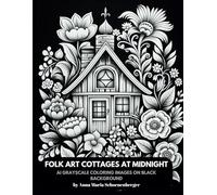 FOLK ART COTTAGES AT MIDNIGHT - AI Grayscale Coloring Book: on Black Background