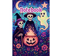 Folk Art Halloween Witchy Skeletons and Ghost Journal Cover: Whimsical Skeleton Trio and Pumpkin Fire on Teal Floral Background