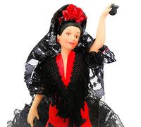 Folk Artesanía poupée de Collection Porcelaine 28 cm avec Chapeau et Robe typiquement Flamenco ou Pois andalous d’Espagne. (Taupe Blanche Rouge)
