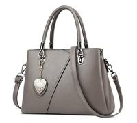 FOLOVEYA Elégant Sac à Main Femme Pendentif Coeur Sac Fourre Tout Sac Dames PU Cuir Sac à Bandoulière Ville Sacs Portés Epaule Sac Tote Travail Achats Fête Voyage Sac Messager Gris B