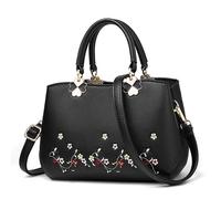 FOLOVEYA Femme Sac à Main Broderie Fleurs Sac Fourre-Tout Petit Sac à Bandoulière Sacs Porté Epaule Sac Cabas Dames Cuir PU pour Dating Travail Voyage Sac de Cours Noir