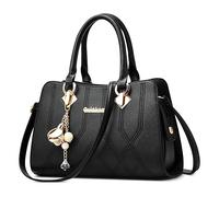 FOLOVEYA Mode Sac à Main Femme Sac Fourre Tout Pendentif Fleur Perle Elégant Sac Cabas Sac à Bandoulière Cuir PU Sac de Cours Dames pour Travail Voyage Achats Fête Noir