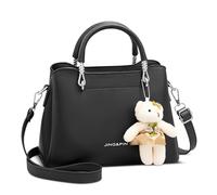 FOLOVEYA Petit Sac a Main Femmes Cuir PU Sac Bandoulieres Tendance Sacs Portés Epaule avec Un Pendentif d'ours Fille Sac Cabas Multipoches pour Rencontre Fête Shopping Noir