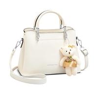 FOLOVEYA Petit Sac a Main Femmes Cuir PU Sac Bandoulieres Tendance Sacs Portés Epaule avec Un Pendentif d'ours Fille Sac Cabas Multipoches pour Rencontre Fête Shopping Blanc