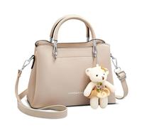 FOLOVEYA Petit Sac a Main Femmes Cuir PU Sac Bandoulieres Tendance Sacs Portés Epaule avec Un Pendentif d'ours Fille Sac Cabas Multipoches pour Rencontre Fête Shopping Kaki