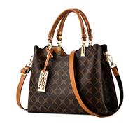 FOLOVEYA Sac à Main Femme Sac Cabas Élégant Poignée Supérieure Classique D'impression Sac portes Épaule Mode Pendentif Shopper Bandoulière Sac pour Vacances Travail Usage Quotidien en PU Cuir Brun