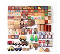 Folpus Blocs de Construction en Bois pour Enfants Coffret Éducatif Empilement Assemblage Scènes de Ville Apprentissage Lettres Chiffres Formes en Hêtre