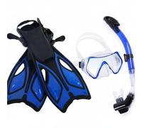 Folpus Fins and Ensemble Masque Tuba Palmes Kit Plongée 3 Pièces Masque Tuba Visuel Étendu Joint Silicone Confortable Tuba avec Clapet Flottant, Bleu, L