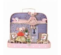 Folpus Maison de Poupée Portable Maison Enfants Set de Jeu Valise Miniature avec Lits Oreillers Plantes Pièces Ouvrantes à Deux Niveaux Matériaux Bois Tissu