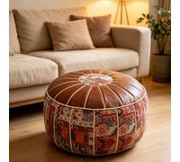 Folpus Pouf Coffre de Rangement Rond Tabouret Repose-Pieds Siège en Cuir Huilé Rembourré avec Motifs Brodés Ouverture Zippée Facile Réduit l'Encombrement