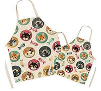 FOMAISELF Tablier de cuisine en lin pour parents et enfants - Tablier pour maman et enfants à motif de chat mignon, tabliers pour fille de fils de maman pour la cuisson, la fête de peinture