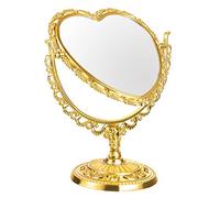 FOMIYES 1 miroir de maquillage double face en plastique en forme de cœur rétro avec fleur creuse en relief pour commode, bureau, salle de bain, chambre à coucher (doré)