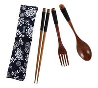 FOMIYES Ensemble de Couverts en Bois avec Sangle Noire, Baguettes, Fourchette et Cuillère Ergonomiques, Set Portable avec Pochette de Rangement en Polyester, pour Pique-niques et Voyage,