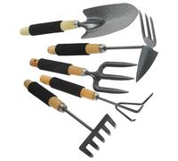 FOMIYES Ensemble D'outils de Jardinage 5 Pcs en Acier Inoxydable, Pelle, Râteau à 5 Dents, Fourche à 3 Dents, Binette Double Tête, Outil Multifonction Portable pour Plantation et