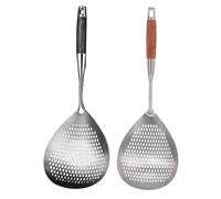 FOMIYES Lot de 2 écumoires de cuisine - Louche passoire en acier inoxydable avec manche en bois - Écumoire à trous pour la cuisine, les plats mijotés et les pâtes