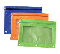 FOMIYES Lot de 3 Pochettes à Crayons Détachables 3 Trous en Tissu Oxford Résistant Transparentes Coloris Orange Bleu Roi et Vert Pomme Paquet de Rangement pour Documents et Classeurs
