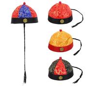FOMIYES Lot de 4 Chapeaux D'empereur Chinois Qing avec Tresses, Tailles Adultes 9, Bonnets Traditionnels pour Cosplay, Théâtre et Fêtes, Couleurs Rouge-bleu, Rouge-noir, Jaune Bord Rouge