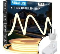 FonaTech® Kit Ruban Néon Led 10 m 220V COB en silicone étanche IP65 Blanc Chaud 3000°K 60led/m Waterproof bandeau type Guirlande pour chantier 10 metres