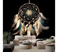 Foncé Papier Peint Panoramique 350L x 256H cm, Plumes Carillon à Vent Attrape-rêves Papier Peint Intissé pour Salon Chambre à Coucher - Fresque Murale Moderne Décoration, Art Mural Poster pour Bureau