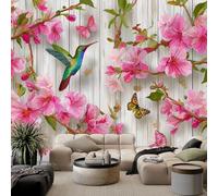 Fond À Grain De Bois Papier Peint Colibri À L’Aquarelle Avec Fleurs Roses Tapisserie Murale Panoramique Blanc Papier Peint Intissé, Pour Salon Chambre Chambre D'Enfant Décoration Murale 350 x 256 cm