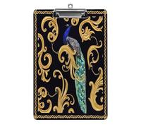 Fond baroque avec paons et chaînes dorées, éléments baroques, bloc-notes en acrylique, format lettre, pince métallique, tableau d'écriture robuste, porte-documents en plastique rigide pour bureau, do