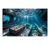 Fond d'aquarium submergé sous-marin, coffre au trésor immergé, fond d'aquarium surréaliste en mer profonde lumière du soleil faisceau de terrarium, fond marin, trésors dorés, fond d'aquarium, 182,9 x