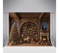 Fond de Photographie Cheminée Noël Kate 10x6.5ft/3x2m Intérieur Rustique Bibliothèque Arbre de Noël Chevaux à Bascule Cadeaux Adultes Enfants Portraits Famille Décoratif Studio Photo