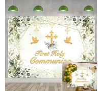Fond de première communion, fond vert pour le baptême, bénédiction divine, croix dorée, feuilles vertes, fête de bébé neutre, décoration, fond (240 x 180 cm)