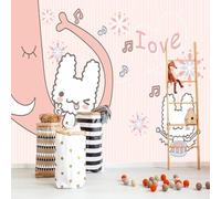 Fond de salon/salle à manger/chambre/télévision en 3D soyeux, dessiné à la main, représentant un éléphant rose et un lapin blanc, avec des meubles, un canapé et une toile de fond (300 cm x 210 cm).