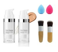 Fond de teint 2PCS à changement de couleur offrant des propriétés hydratantes et un fini naturel, livré avec 2 éponges et 2 pinceaux pour une application uniforme, offre un correcteur