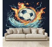 Fond D'Écran 3D Mural Ballon football milieu feu l'eau Papier Peint Intissé Tapisserie Panoramique Poster Décoration Murales Chambre Adulte Enfant Salon Tv 200x140Cm