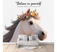 Fond D'Écran 3D Mural Cheval Blanc 400x280 cm, Fleurs Papier Peint Panoramique Effet 3D,Non-tissées Photo papier peint, pour Moderne Salon Chambre TV Fond