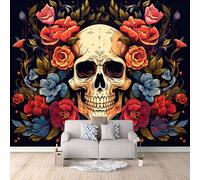 Fond D'Écran 3D Mural Crâne Gothique 150x105 cm, Fleurs Papier Peint Panoramique Effet 3D,Non-tissées Photo papier peint, pour Moderne Salon Chambre TV Fond