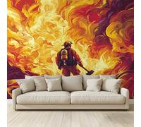 Fond D'Écran 3D Mural Flammes fumée pompier brandissant une hache Papier Peint Intissé Tapisserie Panoramique Poster Décoration Murales Chambre Adulte Enfant Salon Tv 200x140Cm