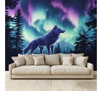Fond D'Écran 3D Mural Loup blanc debout dans forêt sous une aurore boréale Papier Peint Intissé Tapisserie Panoramique Poster Décoration Murales Chambre Adulte Enfant Salon Tv 400x280Cm