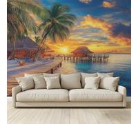 Fond D'Écran 3D Mural Palmiers dans une station balnéaire Papier Peint Intissé Tapisserie Panoramique Poster Décoration Murales Chambre Adulte Enfant Salon Tv 350x256Cm