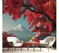 Fond D'Écran 3D Mural Rouge Blanc Feuilles D'Érable Du Mont Fuji Papier Peint Tapisserie Murales Panoramique Paysage Japonais Mur De Fond Tv Chambre Enfant Adulte Poster Murales Décoration,300X210Cm