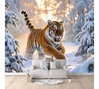 Fond D'Écran 3D Mural Tigre 400x280 cm, Scène De Forêt Enneigée Papier Peint Panoramique Effet 3D,Non-tissées Photo papier peint, pour Moderne Salon Chambre TV Fond