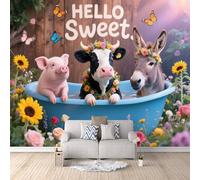 Fond D'Écran 3D Mural Vache Âne 300x210 cm, Style Pastoral Papier Peint Panoramique Effet 3D,Non-tissées Photo papier peint, pour Moderne Salon Chambre TV Fond