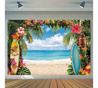Fond d'écran de plage hawaïenne, scène tropicale de fleurs, océan et ciel, toile de fond de fête, sans électricité nécessaire, convient pour baby shower, anniversaire, pendaison de crémaillère, annive