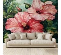 Fond D'Écran Mural Photo Home Fond D'Écran Photo 3D Personnalisé Fond D'Écran Mural Deux fleurs d'hibiscus roses dans forêt Salon Tv Fond Mur Tissu non tissé Non-Adhésif Affiches Murales 250x175 cm