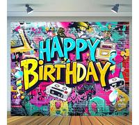 Fond d'écran rétro avec Graffitis « Joyeux Anniversaire », Hip-hop, Street Art Urbain, décoration de fête d'anniversaire 210cmx150cm