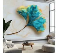 Fond Marbré Ginkgo Feuilles Murale Photo Papier Peint 400 x 280 cm Intissé Tableaux Poster Mural Tapisserie, Blanc Papier Peint Panoramique Salon Maison Appartement Décorative Tenture