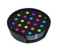 Fond Noir avec des Cercles colorés,Lot de 6 Dessous de Verre Ronds en Cuir synthétique avec Support pour la Maison, Le Bureau et la Cuisine