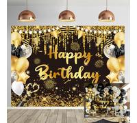Fond Noir et Or Happy Birthday 7x5FT Ballon Paillettes d'or Anniversaire Photographie de Fond Femmes Hommes Fête d'anniversaire décoration Fournitures Photo Prop