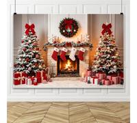 Fond photo cheminée de Noël 1,5 x 0,9 m Nouvel An Arbre de Noël Bannière | Couronne de bas de Noël - Boîte cadeau - Blanc - Toile de fond pour photographie de portrait - Décoration de fête - Polyester