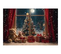 Fond Photo de Noël Ttincceer 3x2.5m, scène hivernale enneigée, Sapin de Noël Luxueux Rideau Rouge Ours Mignon Accessoire Photo pour Le Nouvel an Portraits d'enfants et d'adultes en Studio