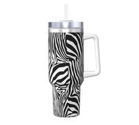 Fond rayé zébré,Gobelet isotherme Ice Bully de 40 oz avec poignée, couvercle et paille, en acier inoxydable, pour voiture ou café.
