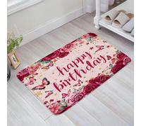 Fond Rose Rouge Joyeux Anniversaire Romantique Rose Fleur Papillon Vintage pour Fête d'anniversaire Tapis De Douche Lavable en Machine Paillasson Intérieur Anti-Salissures Tapis De Bain 40X60Cm